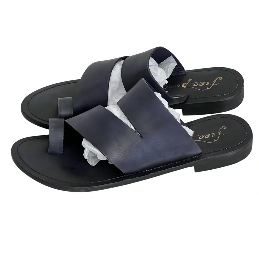 Free People Sandals Leather Loop‎ Toe Black Wash Slide Abilene EU 36